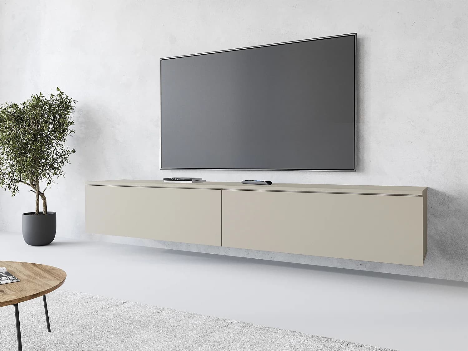 Meuble TV moderne 180 cm pour salon avec LED – 2 portes, sans poignées, beige cachemire mat, à poser ou à suspendre