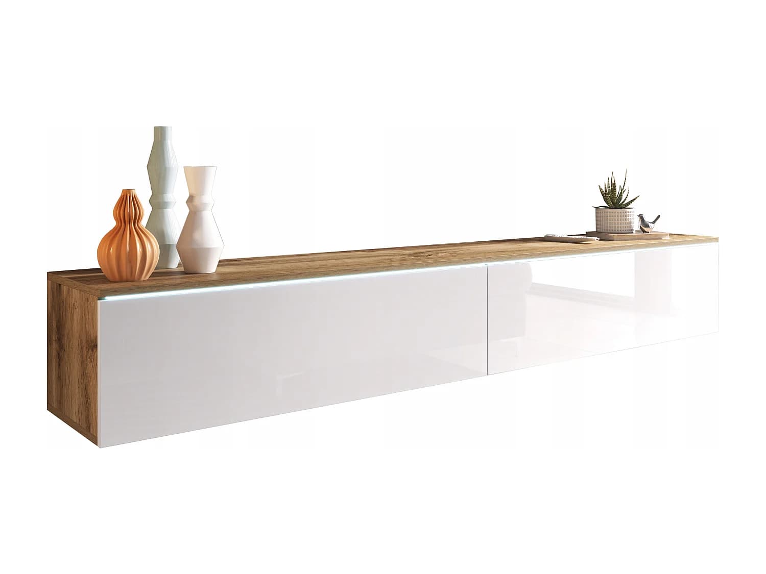 Meuble TV moderne 180 cm pour salon avec LED – 2 portes, sans poignées, caisson chêne wotan, façades blanc brillant, à poser ou à suspendre
