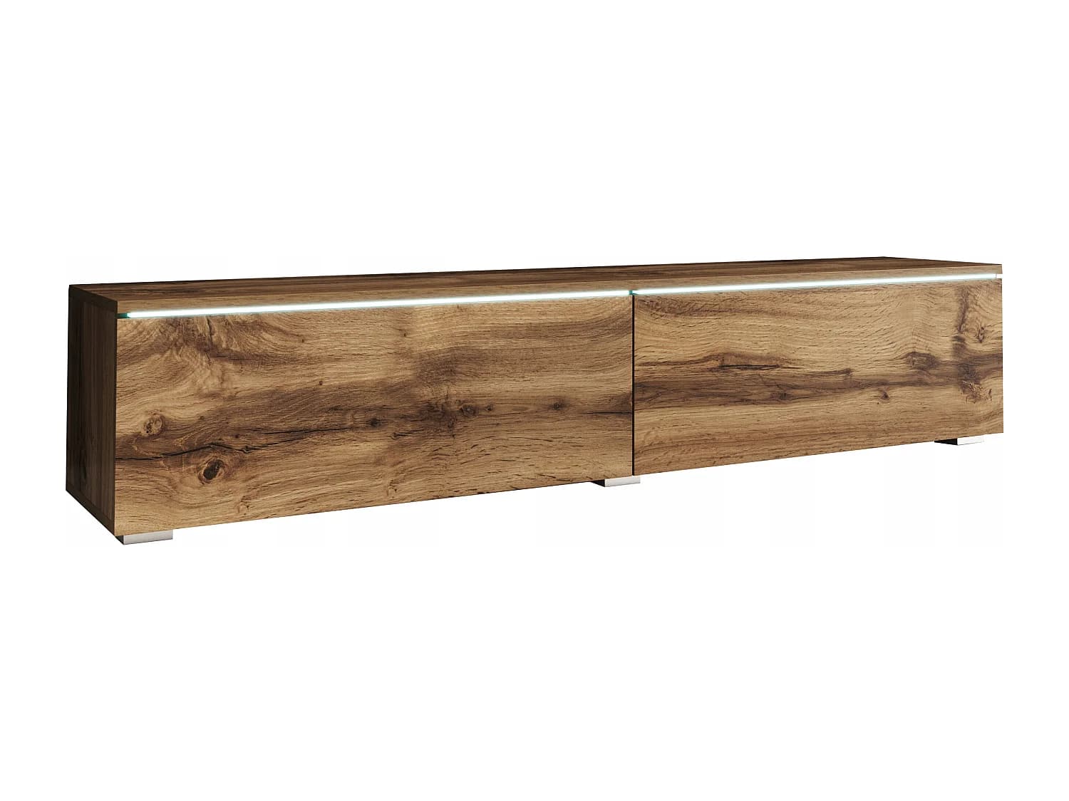 Meuble TV moderne 140 cm avec LED 2 portes, sans poignées, chêne wotan, posé ou suspendu