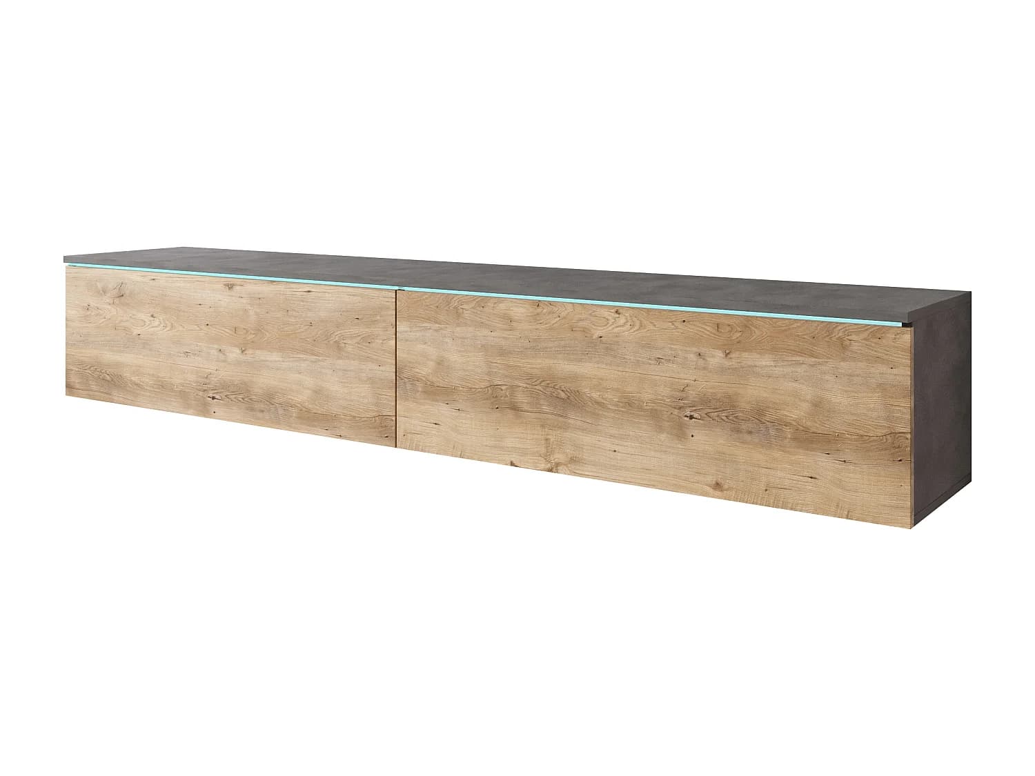 Meuble TV moderne 180 cm pour salon avec LED – 2 portes, sans poignées, caisson anthracite, façades châtaignier mat, à poser ou à suspendre