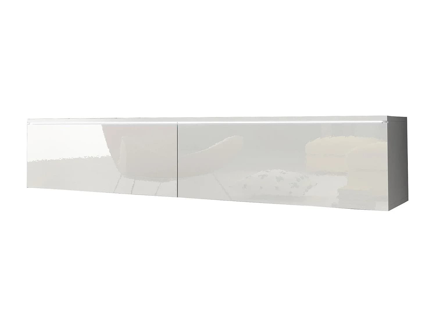 Meuble TV moderne 140 cm avec LED 2 portes, sans poignées, caisson blanc mat, façades blanc brillant, posé ou suspendu