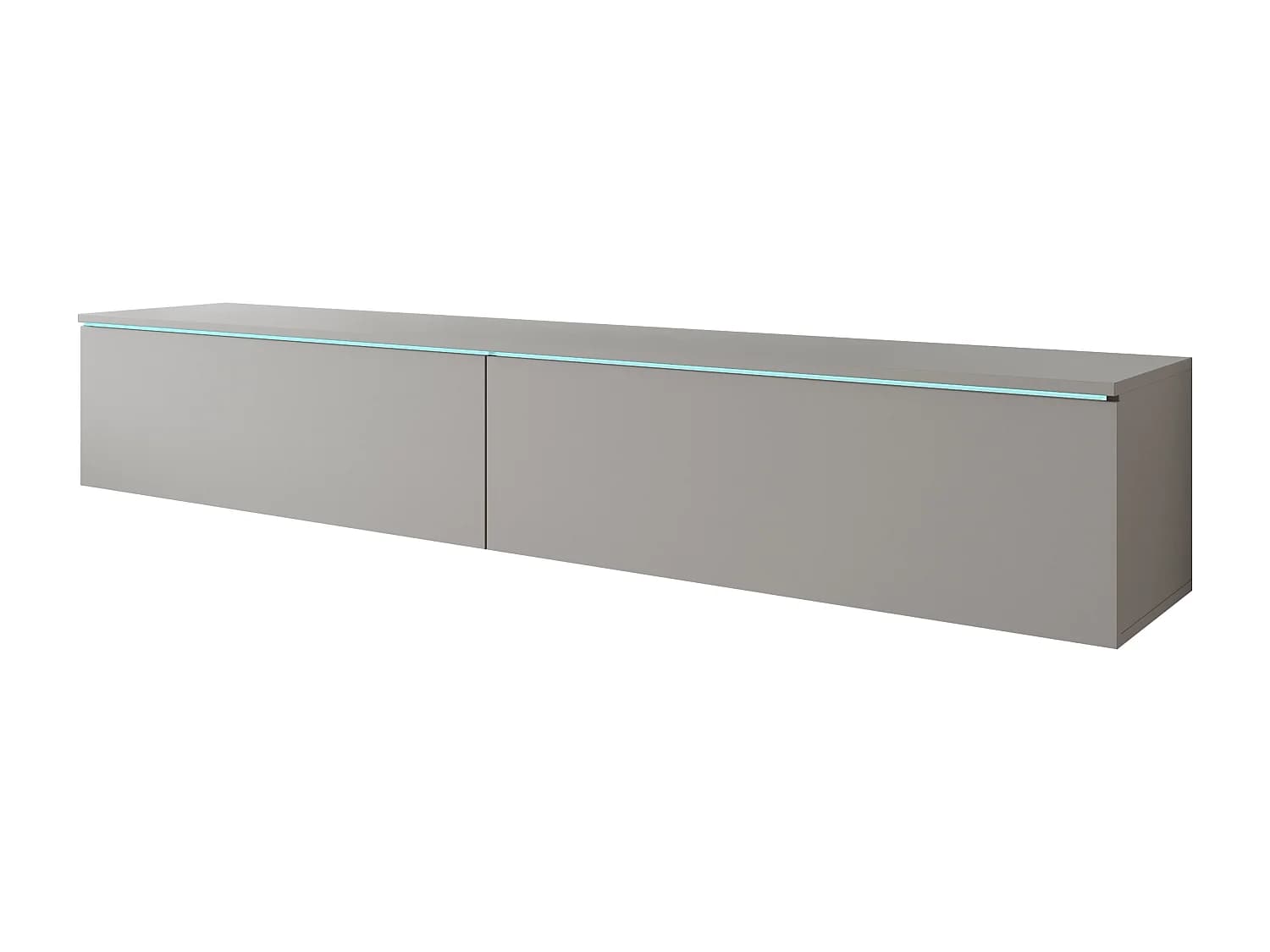 Meuble TV moderne 180 cm pour salon avec LED – 2 portes, sans poignées, gris palladium mat, à poser ou à suspendre
