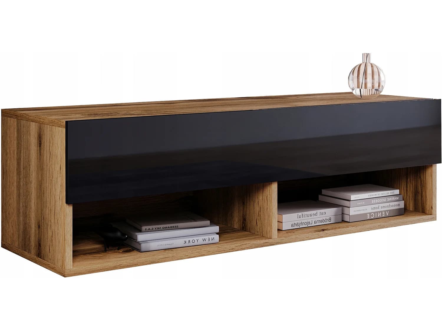 Meuble TV moderne 100 cm avec LED – sans poignées, corps chêne wotan, façades noir brillant, au sol ou suspendu