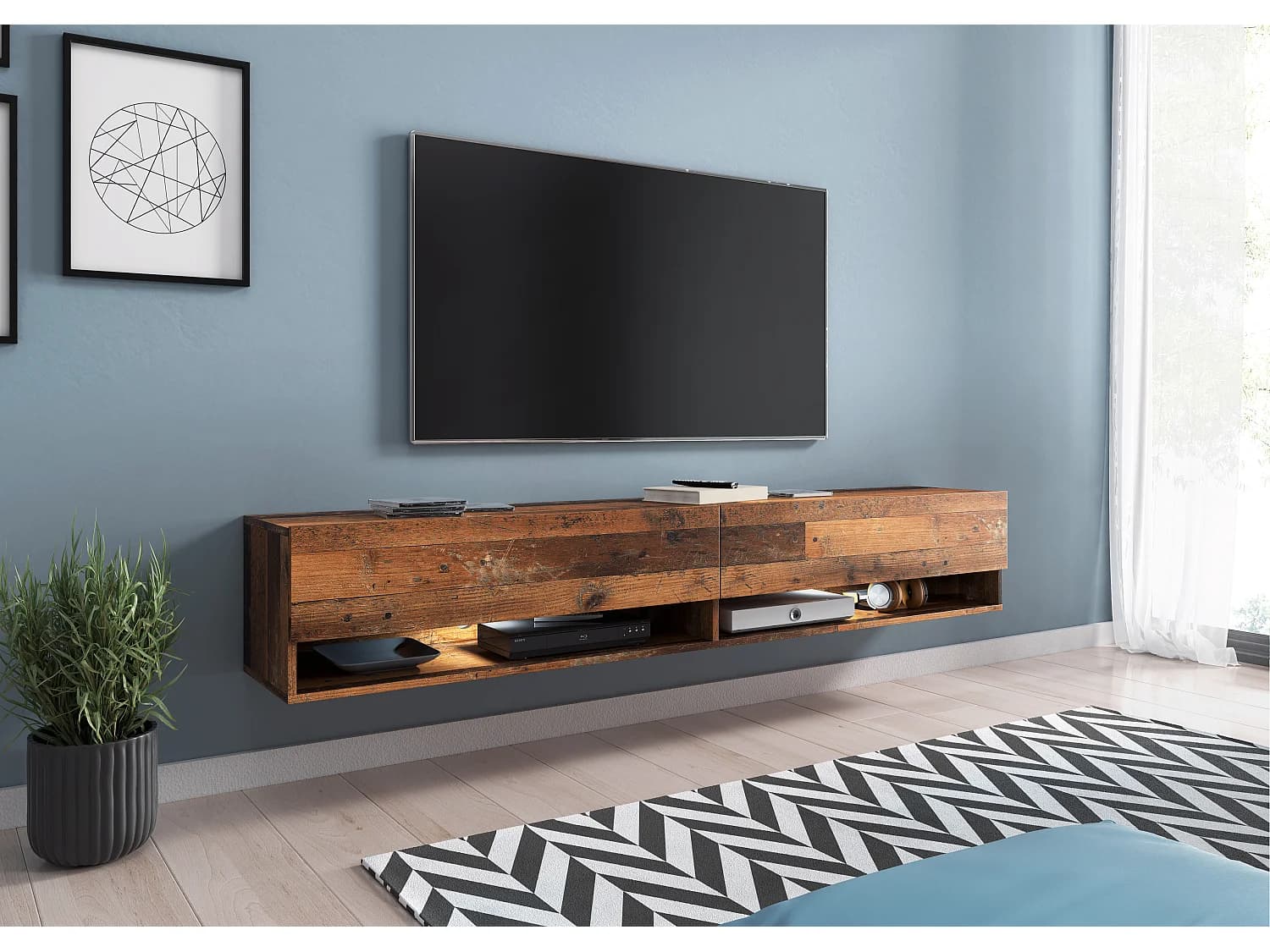 Meuble TV moderne 180 cm avec LED sans poignées – old style mat suspendu ou posé