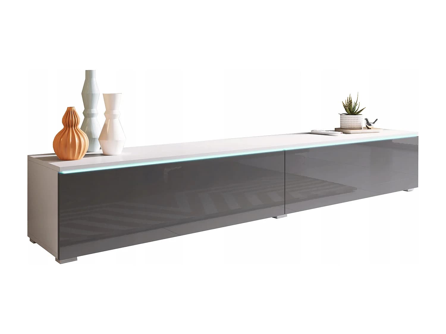 Meuble TV moderne 180 cm pour salon avec LED – 2 portes, sans poignées, caisson blanc mat, façades gris brillant, à poser ou à suspendre