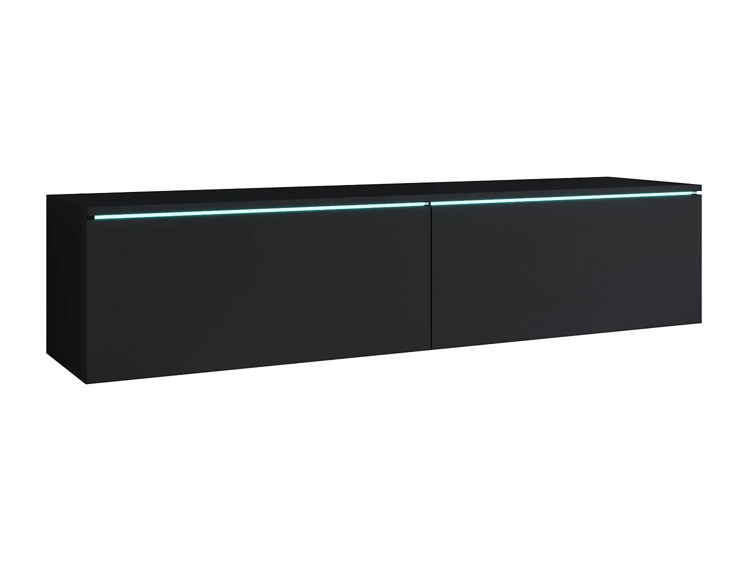 Meuble TV moderne 140 cm avec LED 2 portes, sans poignées, noir mat, posé ou suspendu