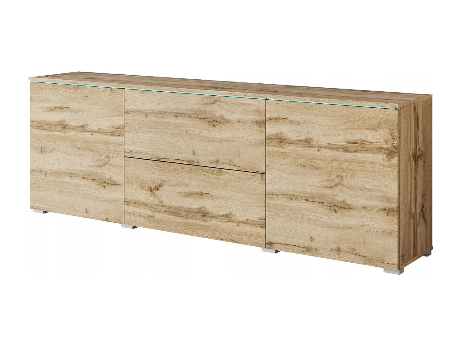 Meuble bas TV moderne 180 cm avec LED – meuble haut mat avec tiroirs et étagères, chêne wotan