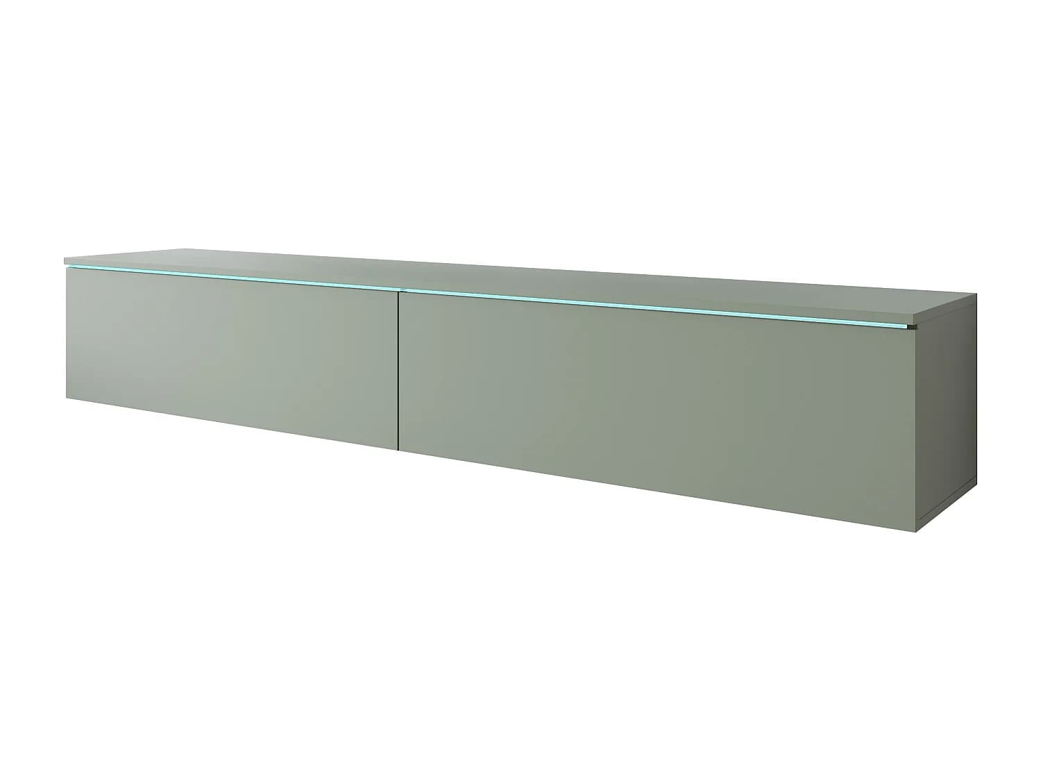 Meuble TV moderne 180 cm pour salon avec LED – 2 portes, sans poignées, vert brumeux, à poser ou à suspendre