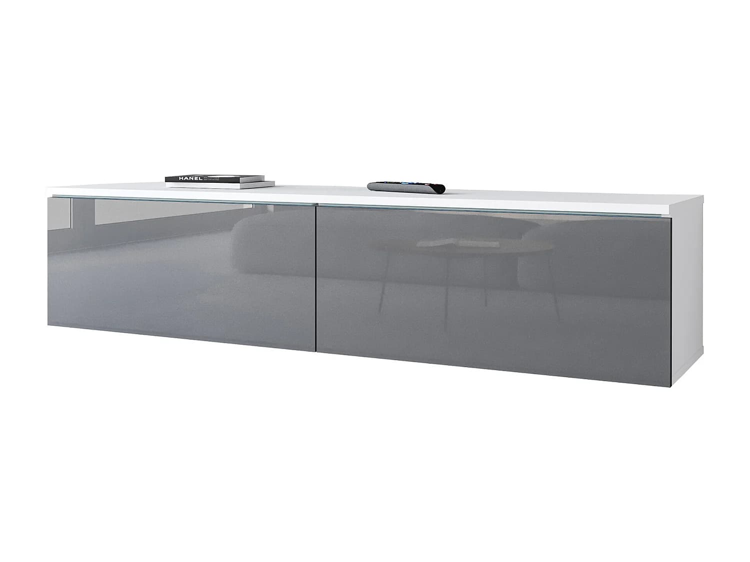 Meuble TV moderne 140 cm avec LED 2 portes, sans poignées, caisson blanc mat, façades gris brillant, posé ou suspendu