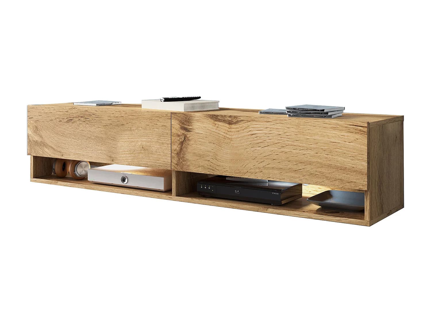 Meuble TV moderne 140 cm avec LED sans poignées Chêne Wotan suspendu ou posé 1 abattant 2 niches