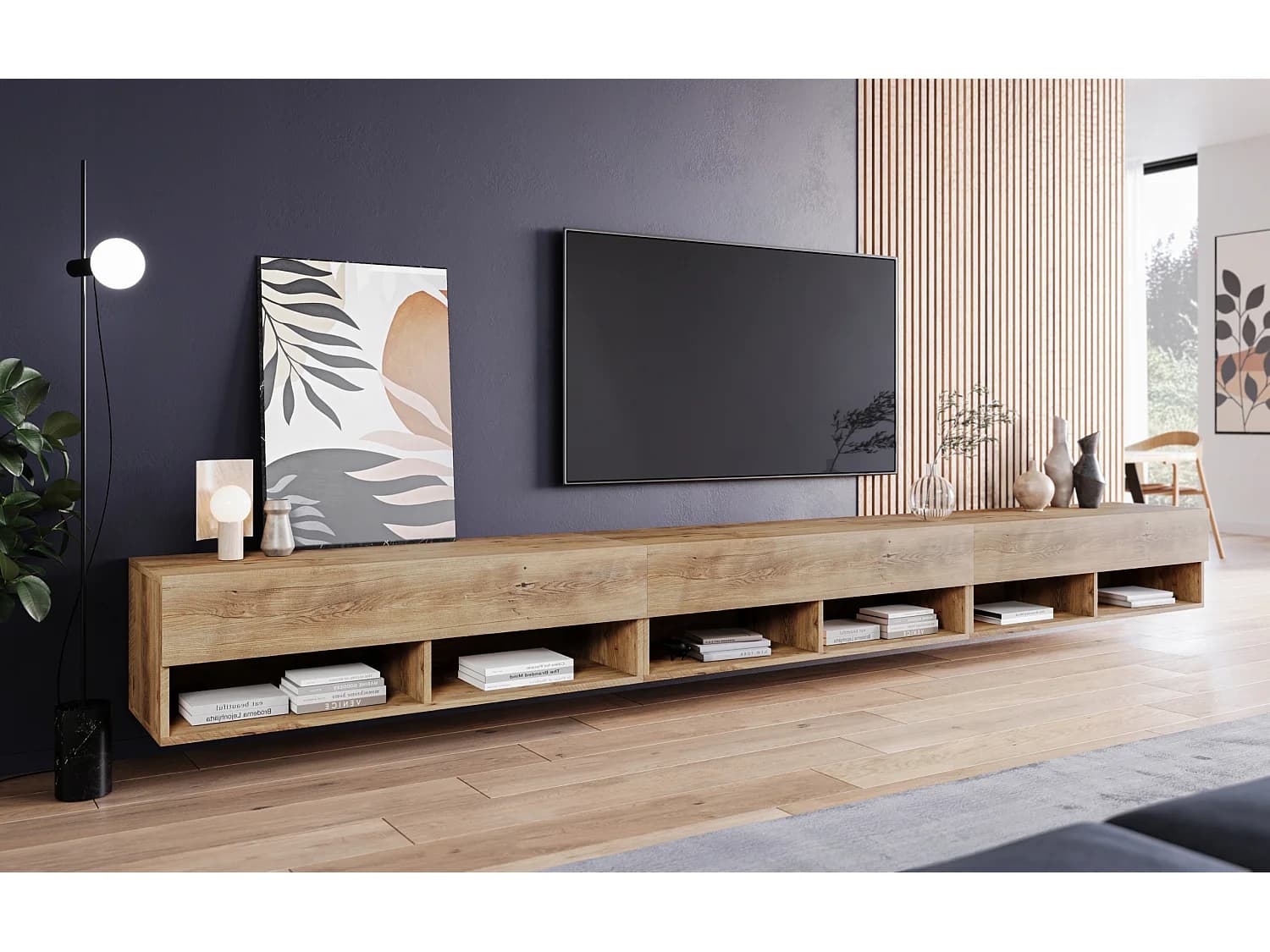 Meuble TV moderne 300 cm avec LED – sans poignées, châtaignier, posé au sol ou suspendu