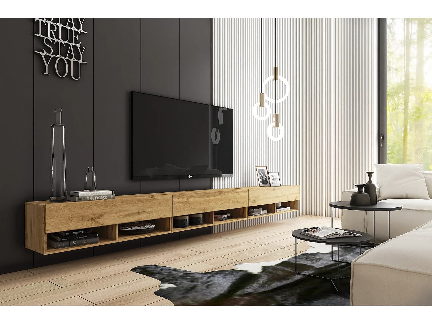 Meuble TV moderne 300 cm avec LED – sans poignées, chêne wotan, posé au sol ou suspendu