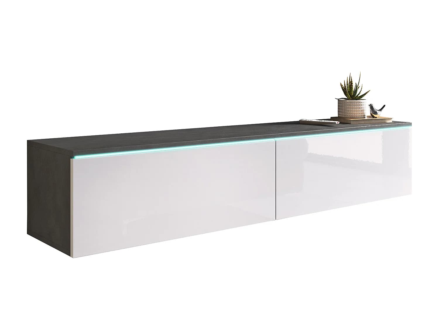 Meuble TV moderne 140 cm avec LED 2 portes, sans poignées, caisson matera, façades blanc brillant, posé ou suspendu