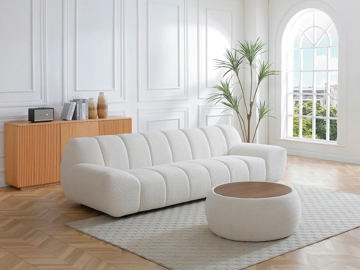 Canapé 3 places et table basse en tissu bouclette blanc SORIELI