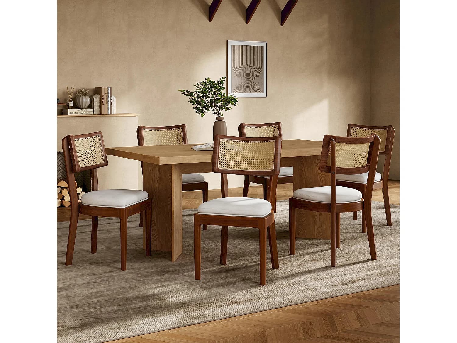 Lot de 6 chaises de salle à manger en bois massif avec dossiers en rotin - coussin en velours - 50 x 58 x 88 cm - marron