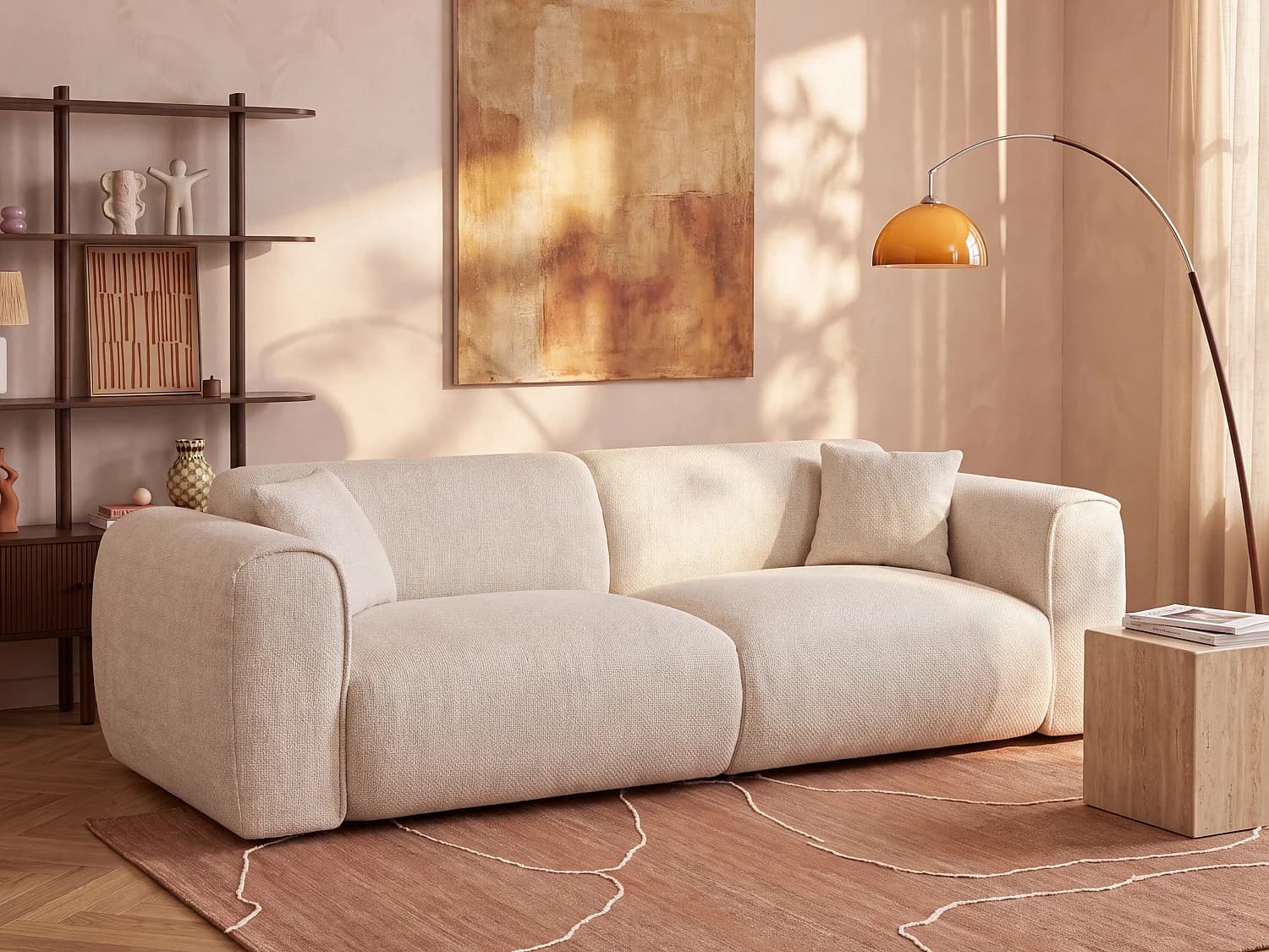Canapé 4 places convertible express en tissu texturé beige - Couchage 160 cm - Matelas 16 cm avec mémoire de forme POGNIA