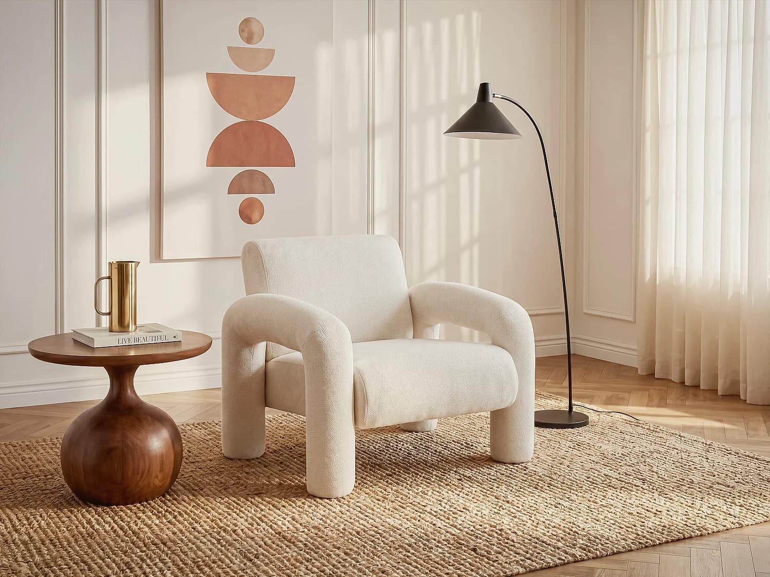 Fauteuil en tissu texturé beige OLIVRA