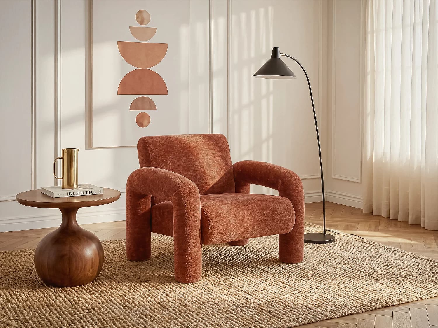 Fauteuil en tissu texturé terracotta OLIVRA