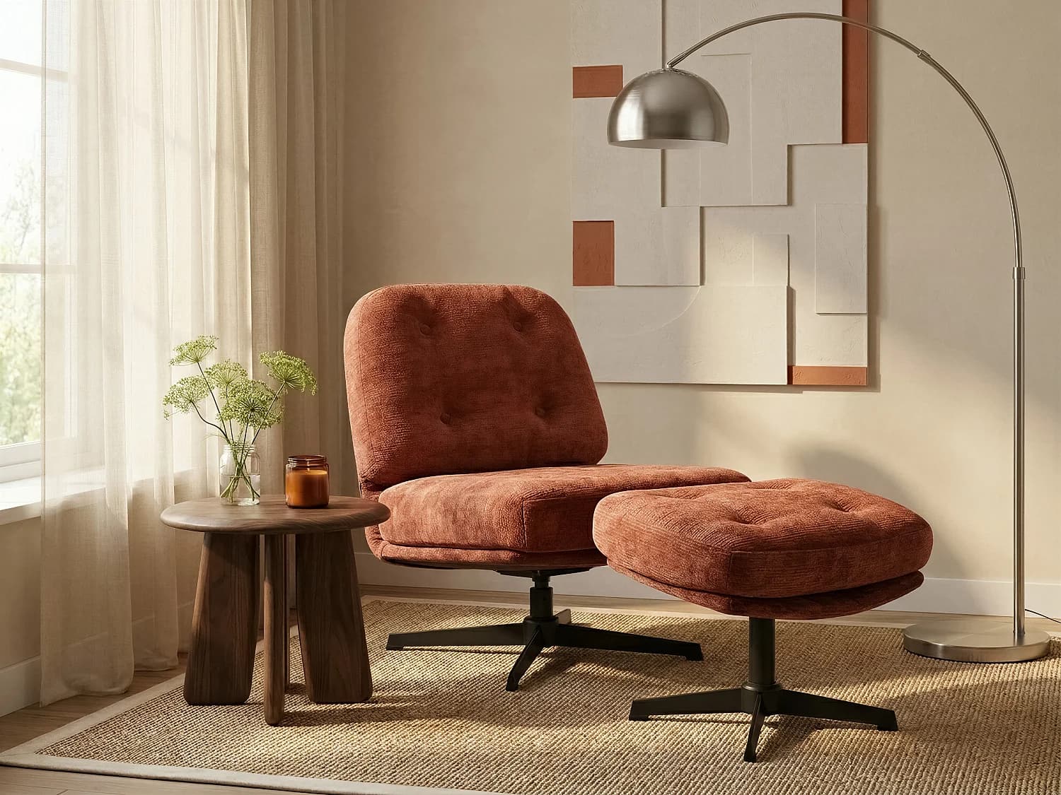 Fauteuil avec repose-pied en tissu texturé terracotta TOLOZI