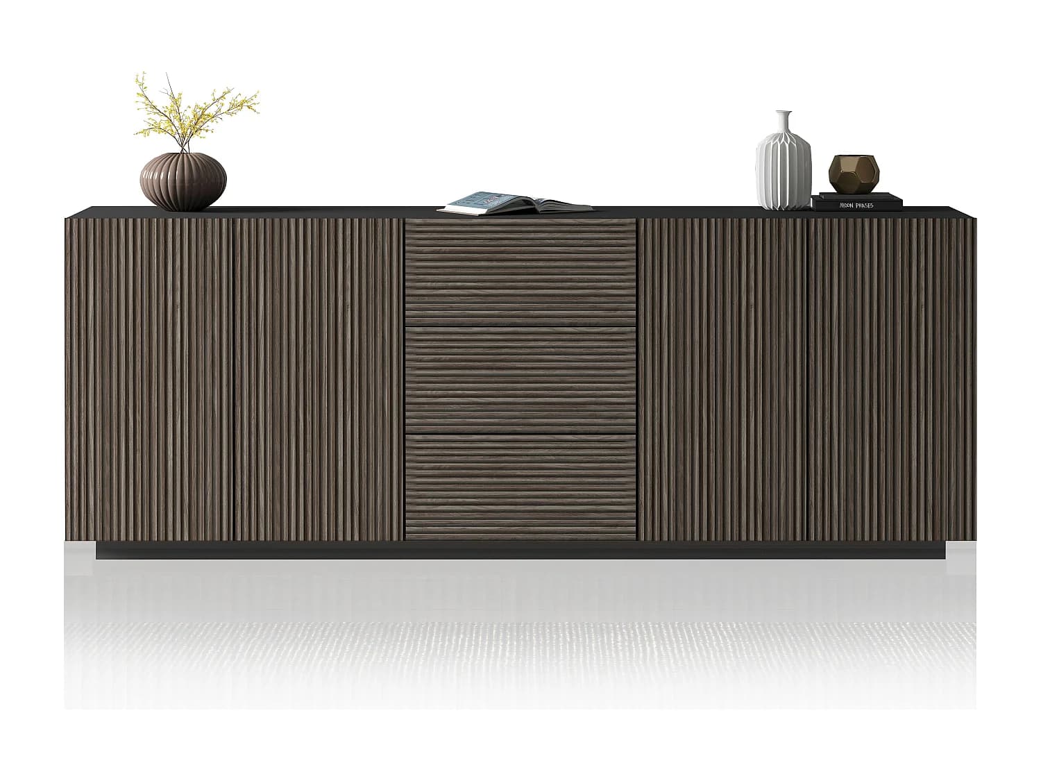 Buffet Coste avec 4 portes et 3 tiroirs effet cannelé couleur anthracite mat et bois foncé 220,1x43x86 cm