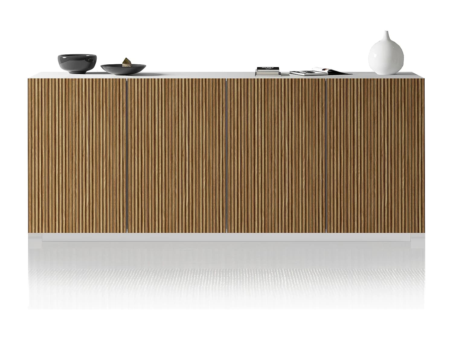 Buffet Coste à 4 portes effet cannelé couleur blanc mat et bois clair 200x43x86 cm