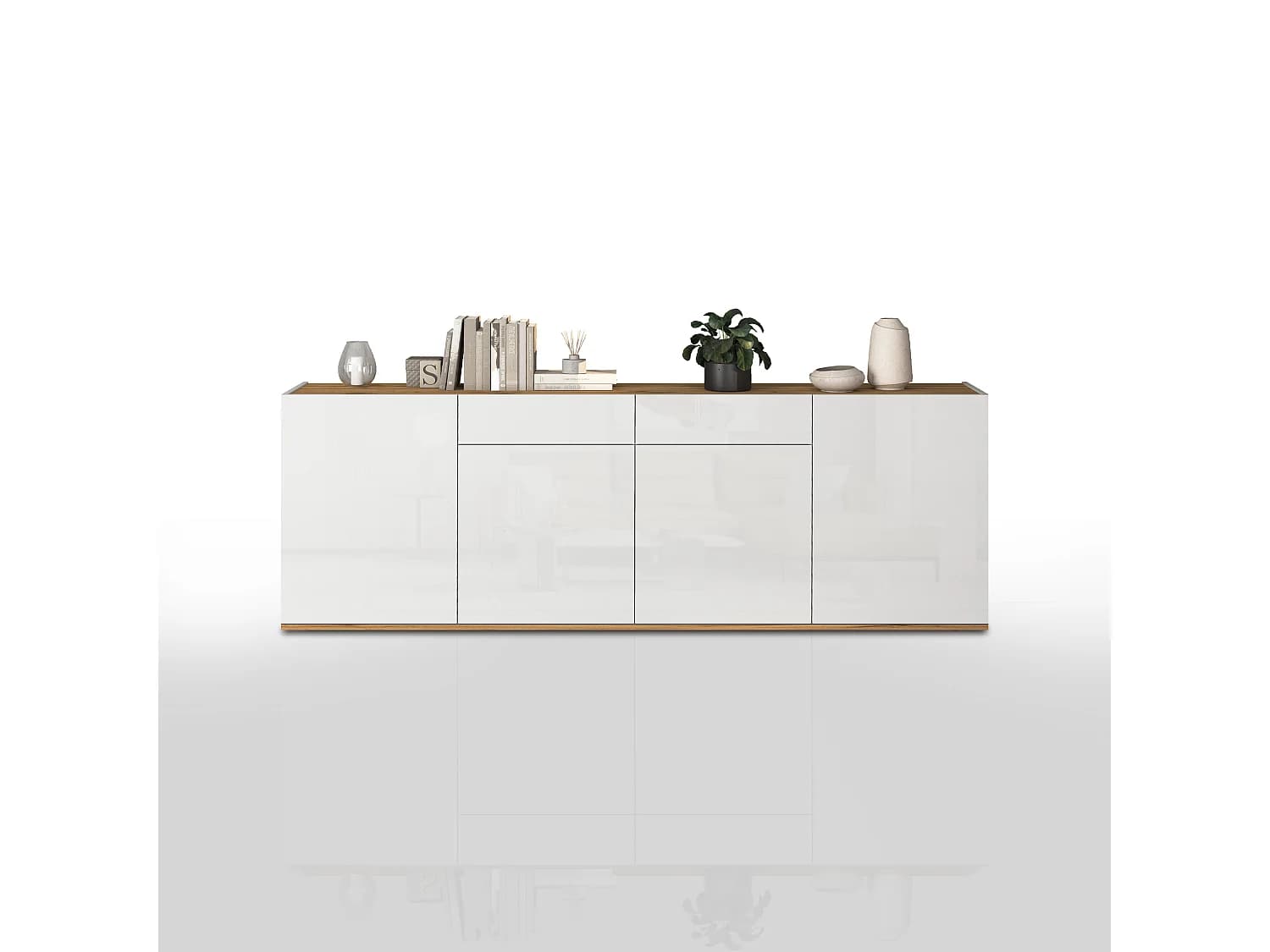 Buffet Garda avec 4 portes et 2 tiroirs blanc brillant et chêne 200x35x71 cm