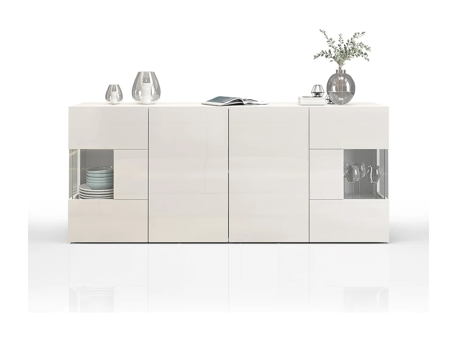 Buffet vitrine Egypt à 4 portes blanc brillant 180x40x80 cm