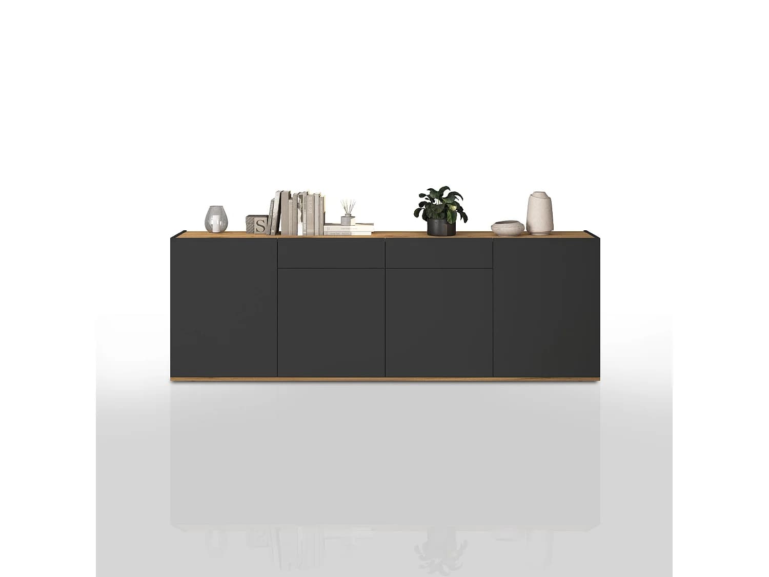Buffet Garda avec 4 portes et 2 tiroirs anthracite mat/chêne 200x35x71 cm