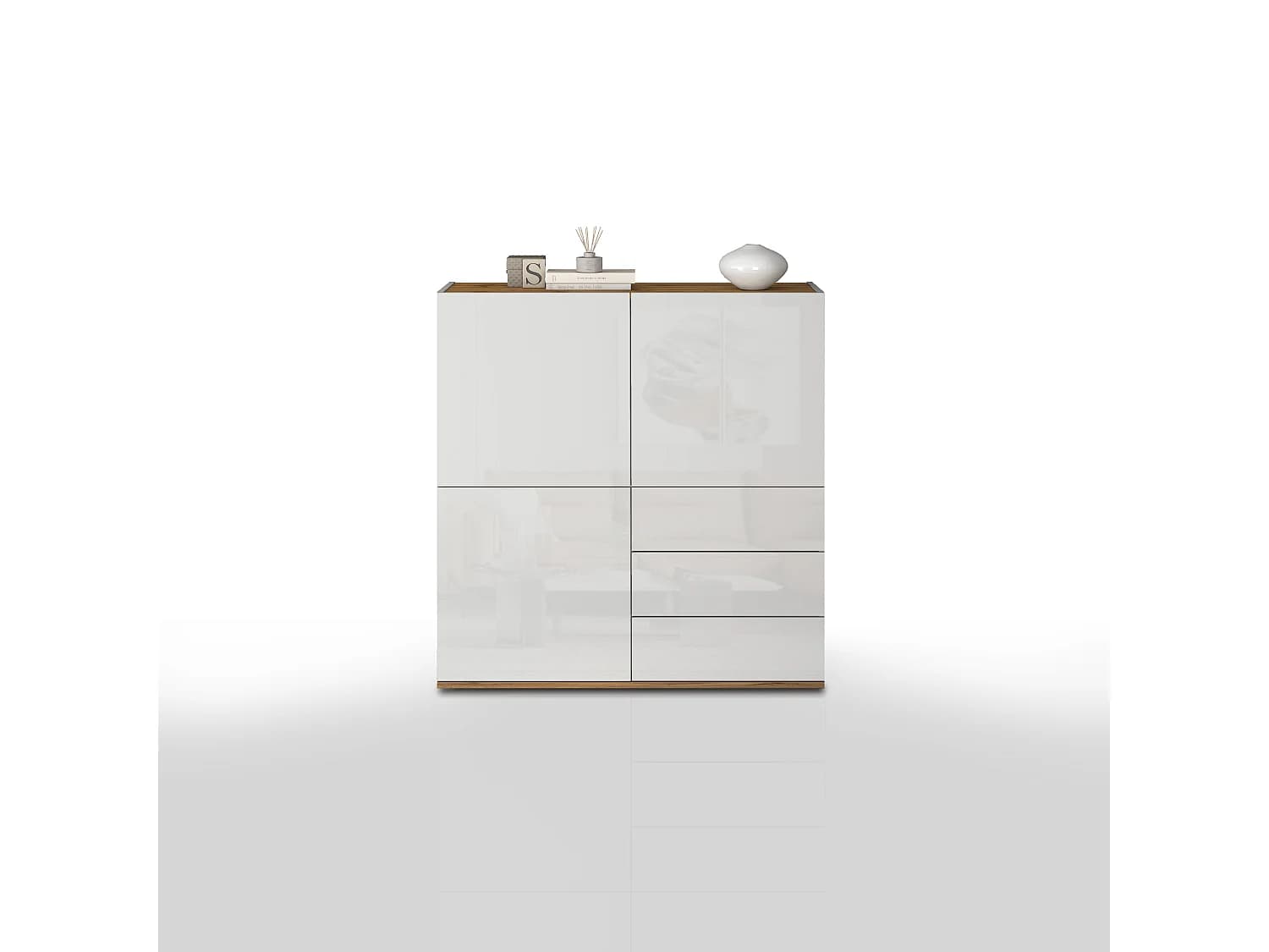 Buffet Garda avec 3 portes et 3 tiroirs blanc brillant et chêne 102x35x110 cm