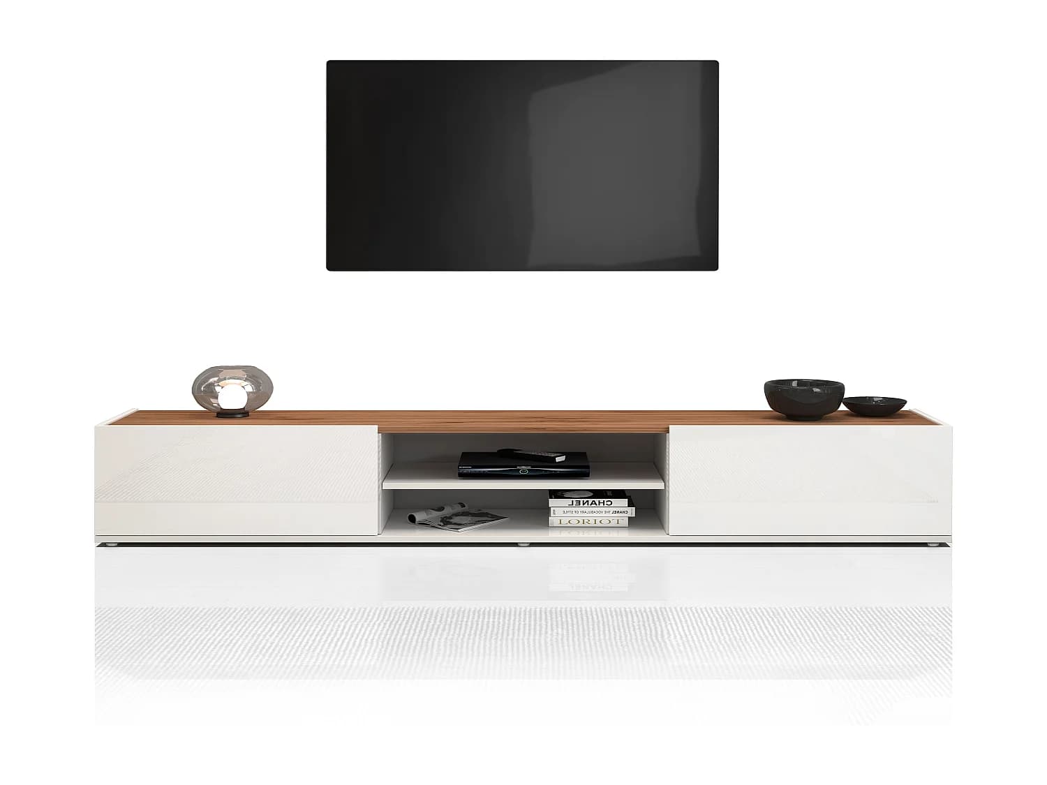 Meuble TV Garda avec 2 portes et 1 étagère centrale blanc brillant et chêne 210x35x30 cm
