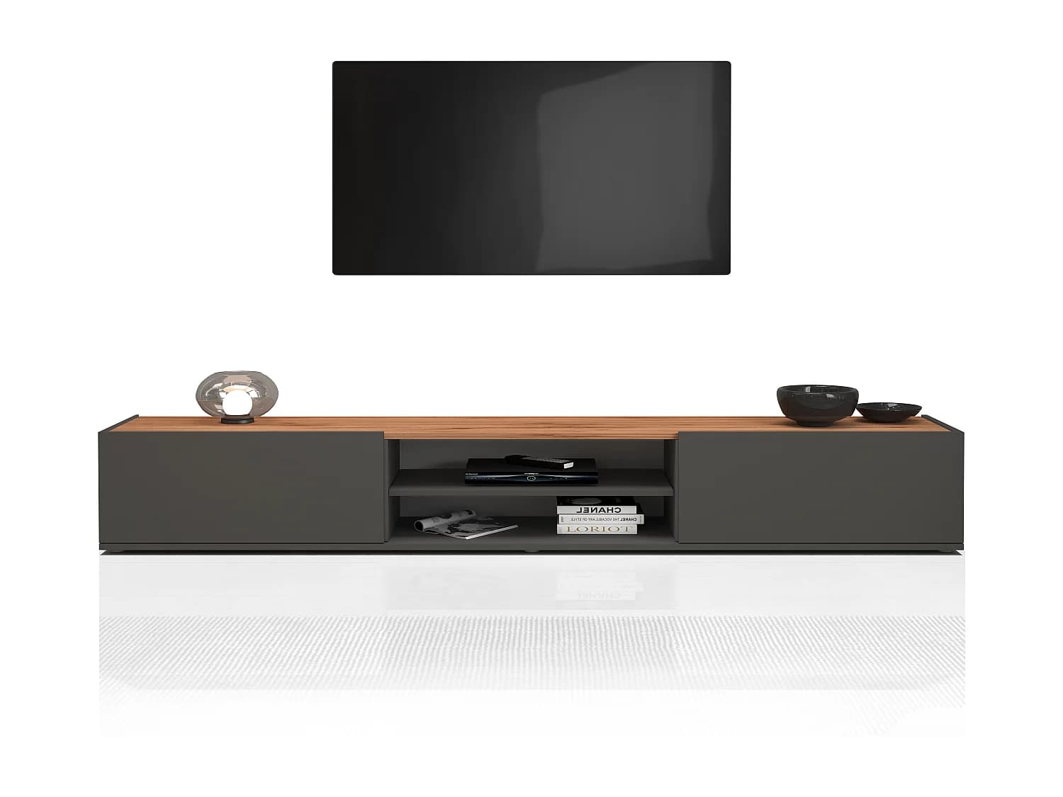 Meuble TV Garda avec 2 portes et 1 étagère centrale anthracite mat et chêne 210x35x30 cm