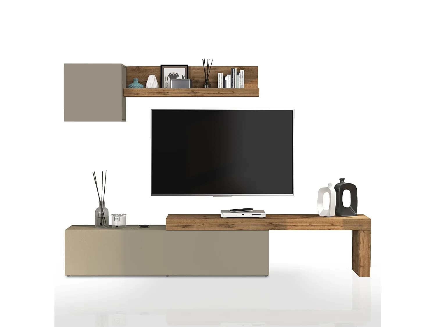 Ensemble mural Chronos pour salon taupe mat et chêne 190/350x40 cm