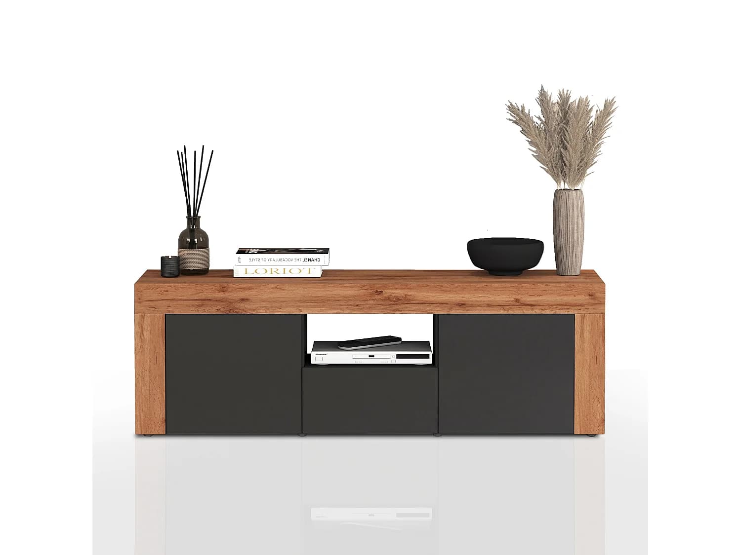 Meuble TV Chronos avec 2 portes et 1 tiroir anthracite mat et chêne 155x40x51 cm