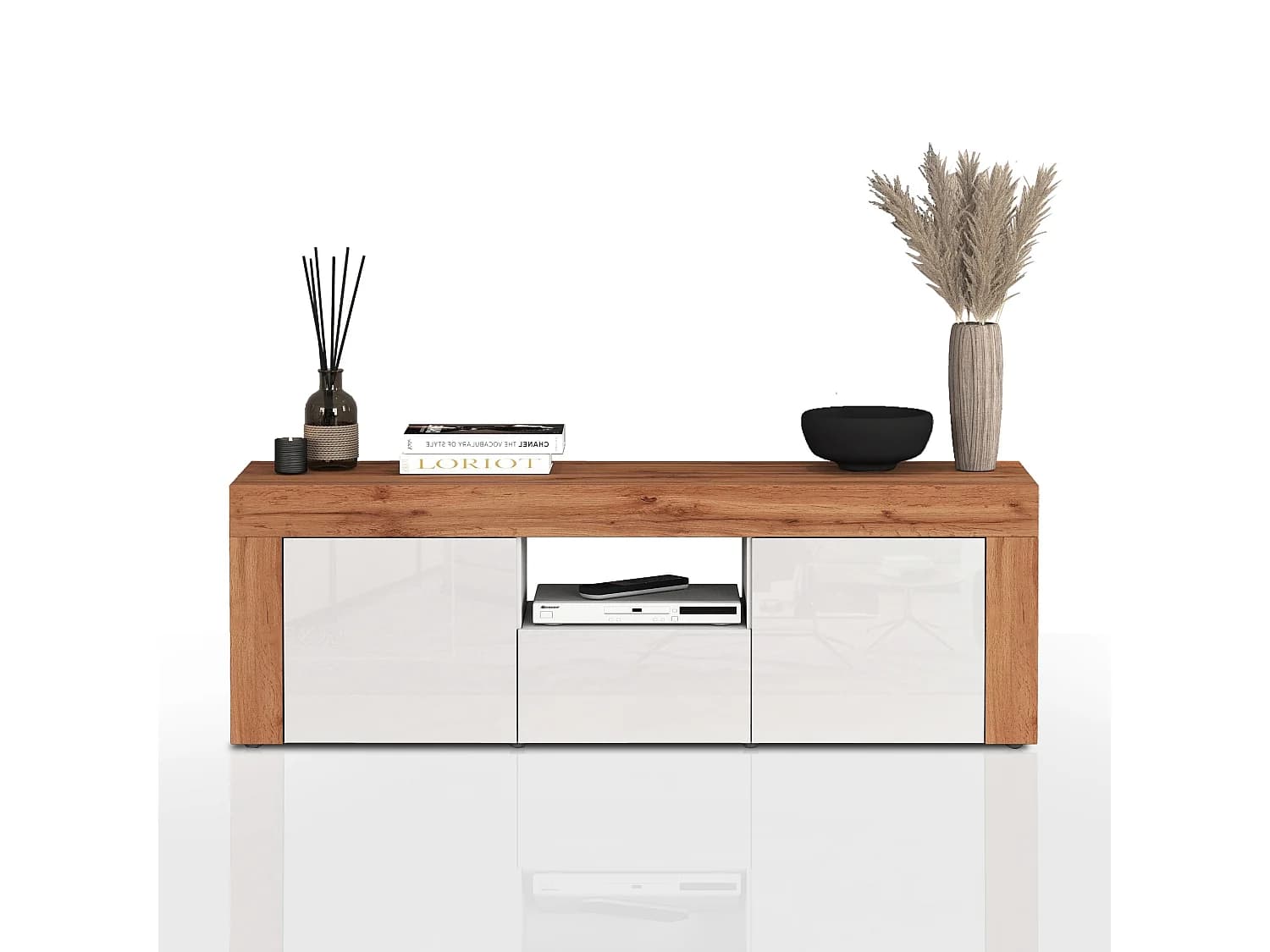 Meuble TV Chronos avec 2 portes et 1 tiroir blanc brillant et chêne 155x40x51 cm