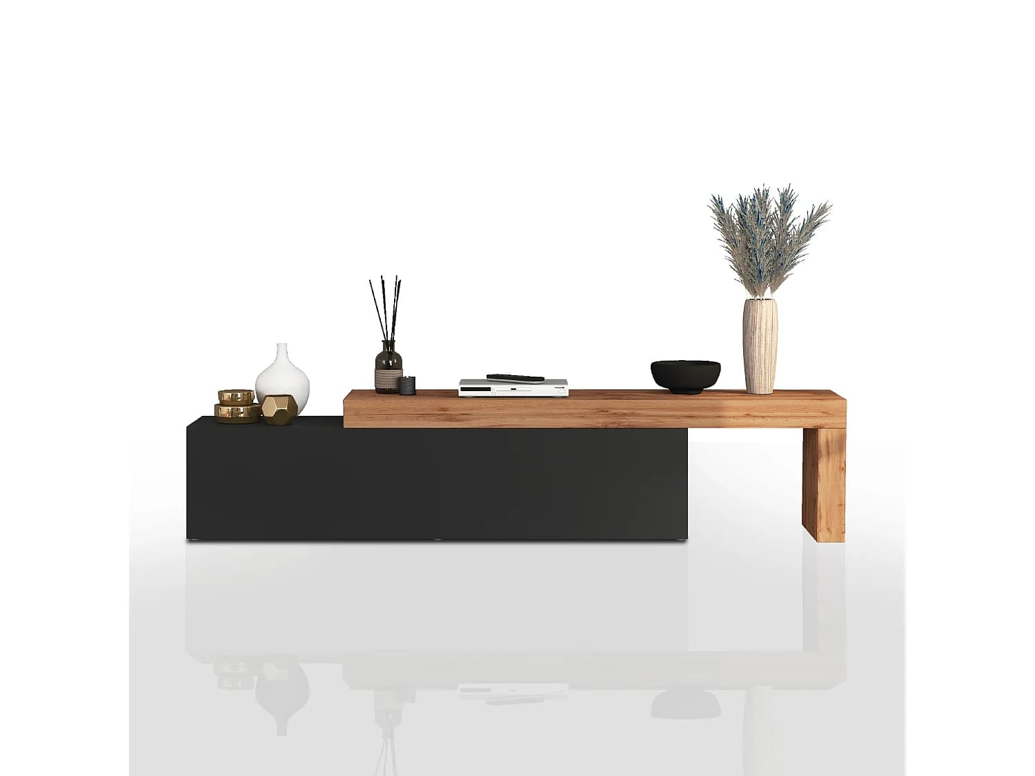 Meuble TV extensible Chronos avec 1 porte abattante anthracite/chêne 190/350x40x51 cm
