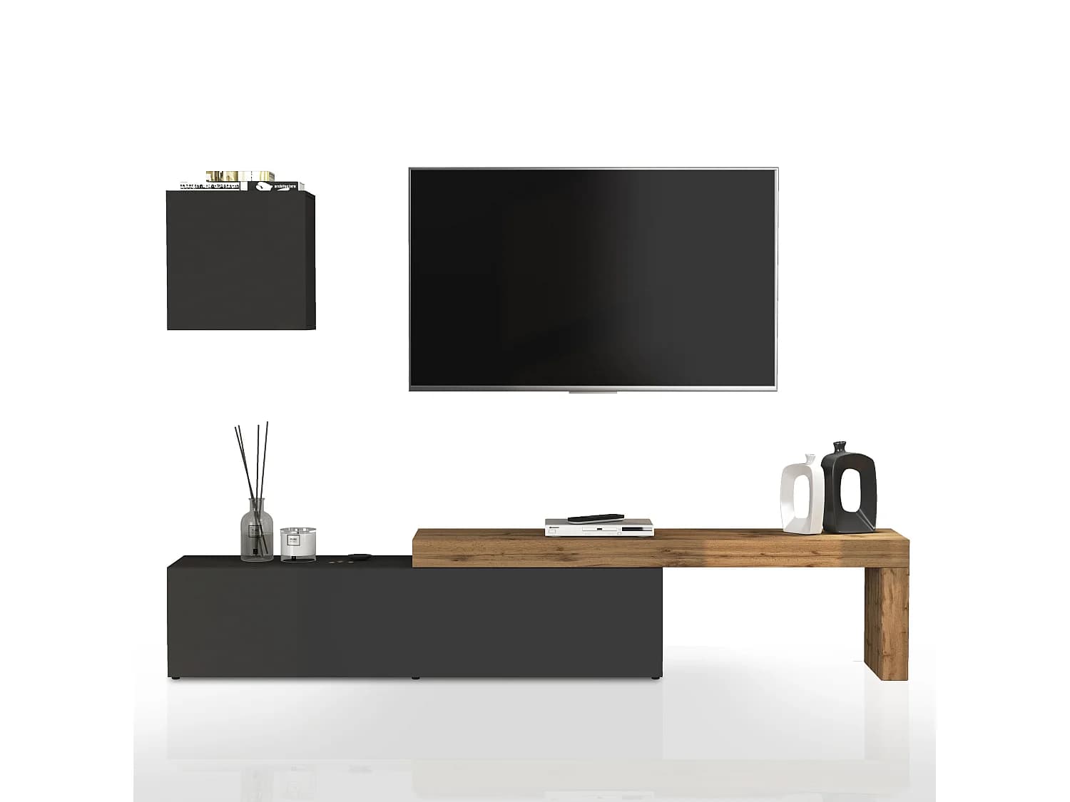 Ensemble mural Chronos pour salon anthracite mat et chêne 190/350x40 cm