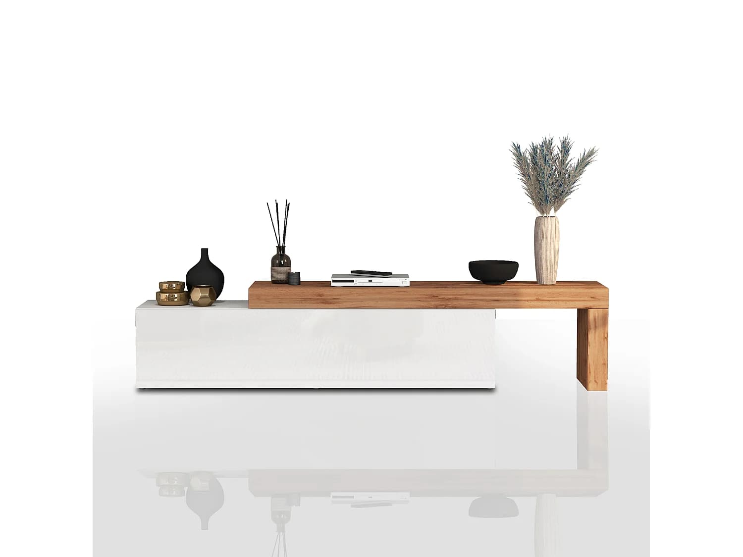 Meuble TV Chronos extensible avec 1 porte abattante blanc/chêne 190/350x40x51 cm