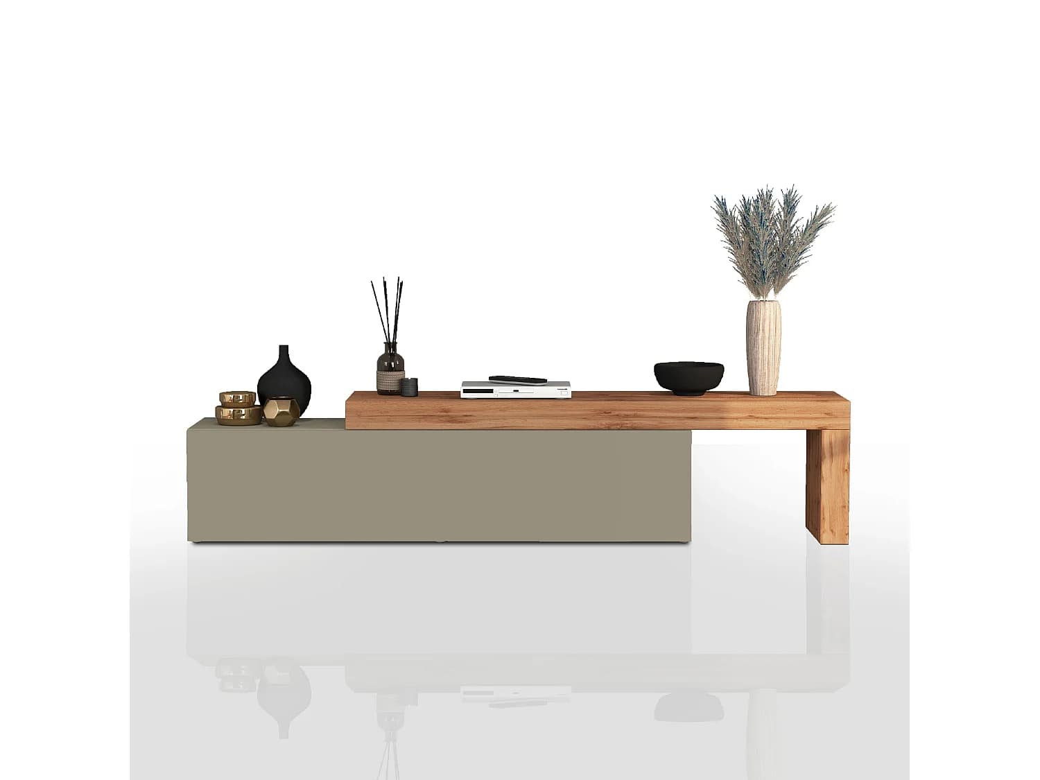 Meuble TV Chronos extensible avec 1 porte abattante taupe/chêne 190/350x40x51 cm