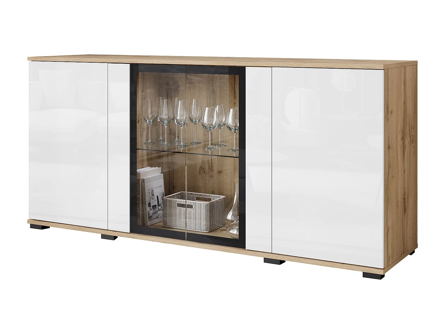 Commode 150 cm avec LED pour salon – vitrine moderne avec vitrages, corps chêne wotan façades blanc brillant