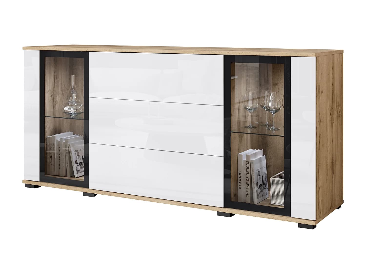 Commode 150 cm pour salon avec LED – vitrine moderne avec vitrages + tiroirs, chêne wotan