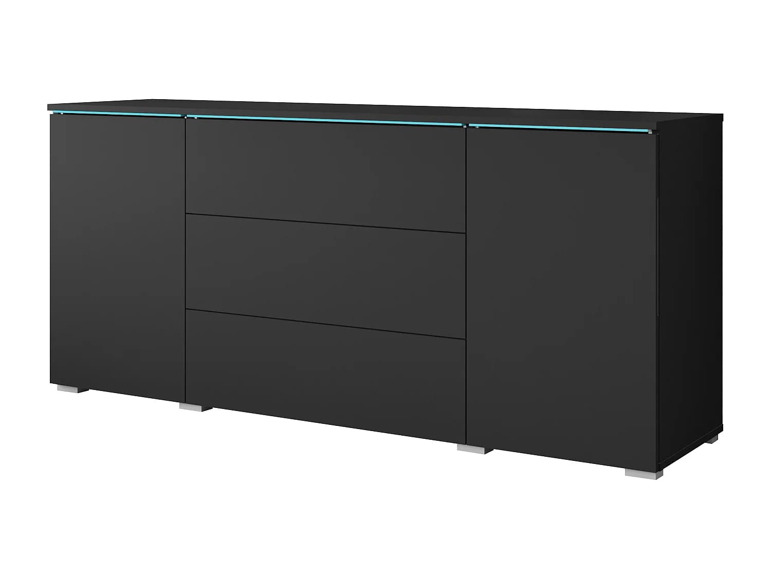 Commode moderne 150 cm avec LED pour salon – finition mate, 3 tiroirs et 2 portes noir mat