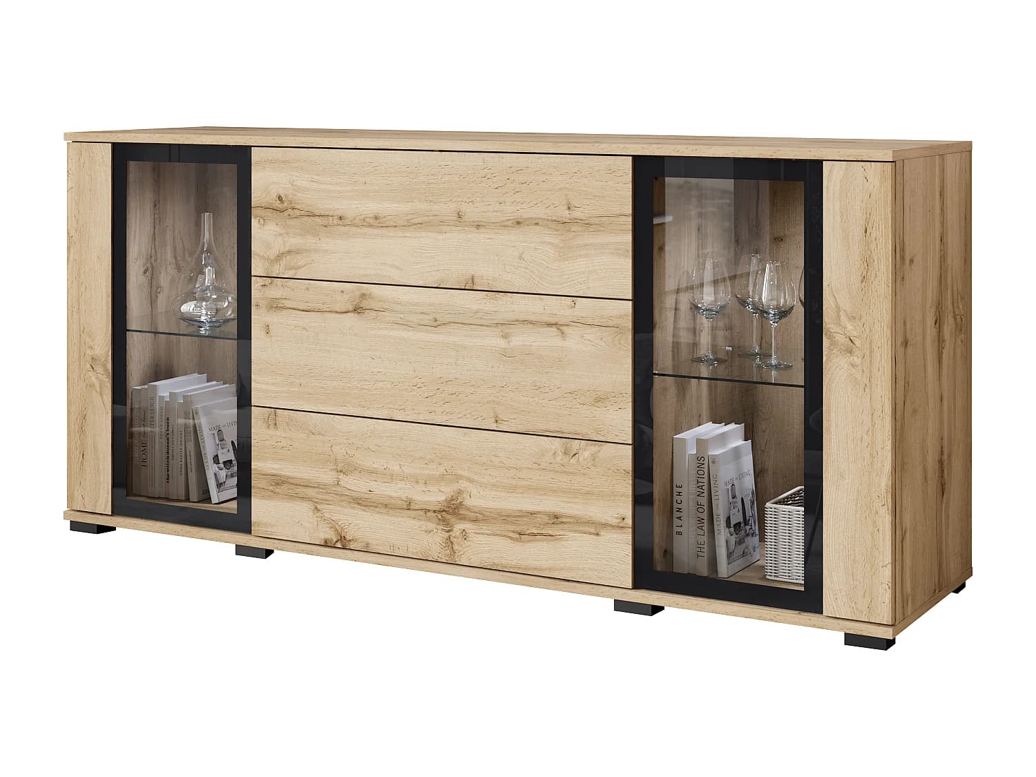 Commode 150 cm pour salon – vitrine moderne avec vitrages + tiroirs, corps chêne wotan, façades blanc brillant