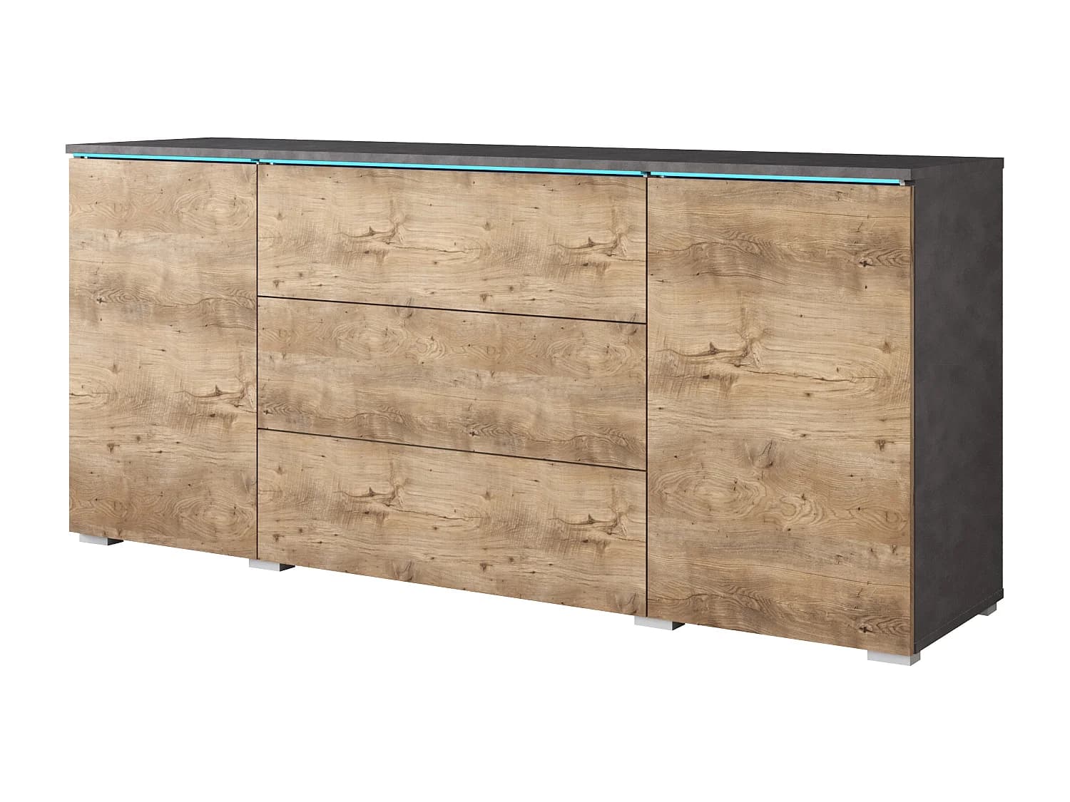 Commode moderne 150 cm avec LED pour salon – corps matera, façades châtaignier, 3 tiroirs et 2 portes