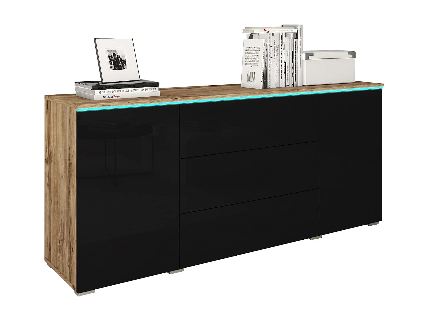 Commode moderne 150 cm avec LED pour salon – corps chêne wotan, façades noir brillant, 3 tiroirs et 2 portes
