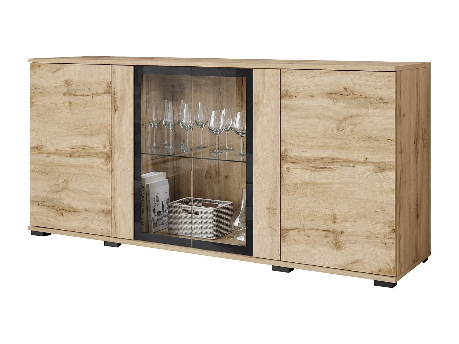 Commode 150 cm avec LED pour salon – vitrine moderne avec vitrages, chêne wotan