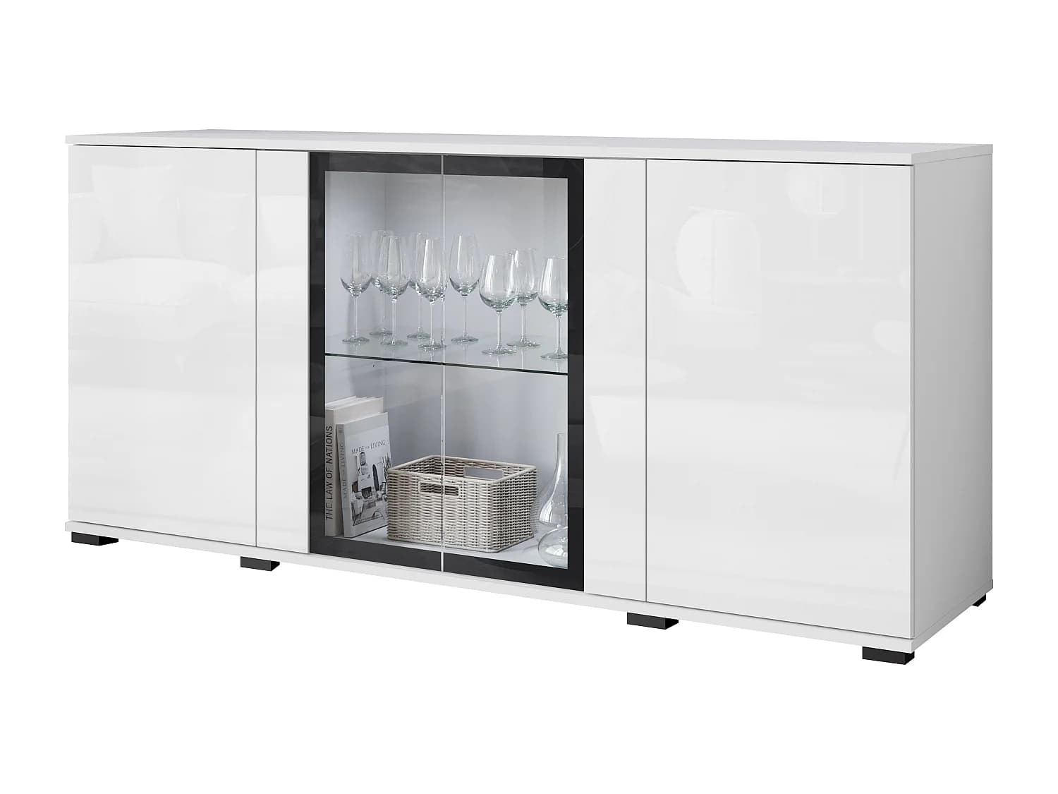 Commode 150 cm avec LED pour salon – vitrine moderne avec vitrages, corps blanc mat façades blanc brillant