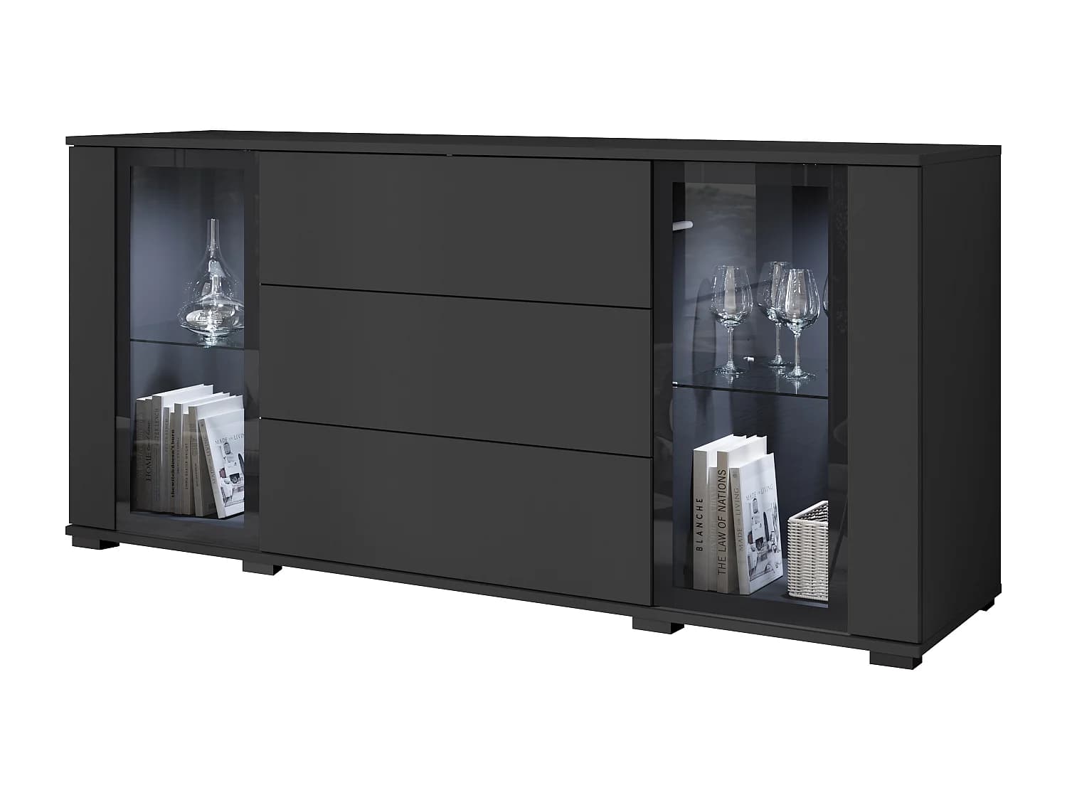 Commode 150 cm pour salon avec LED – vitrine moderne avec vitrages + tiroirs, noir mat