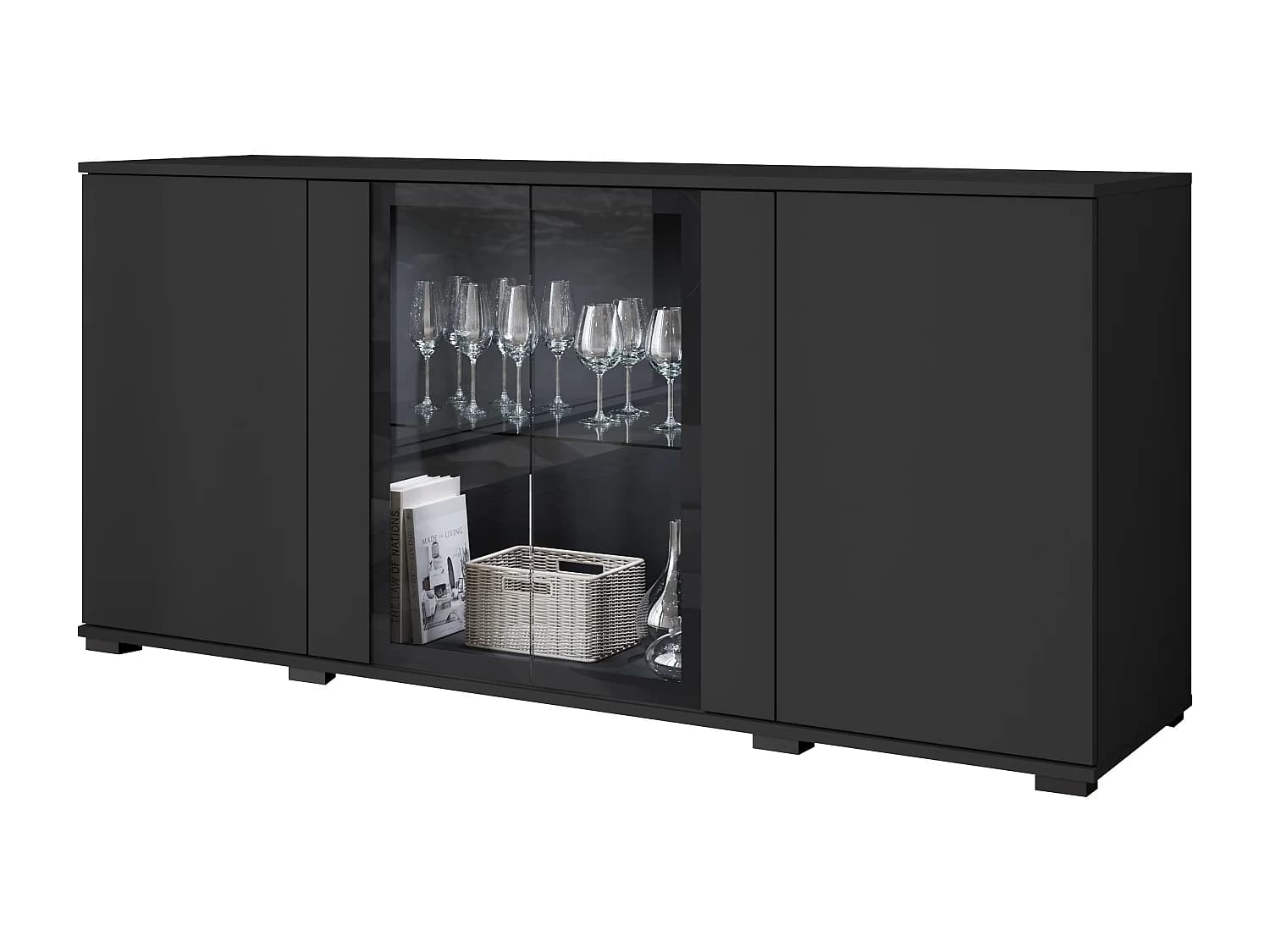 Commode 150 cm avec LED pour salon – vitrine moderne avec vitrages, noir mat