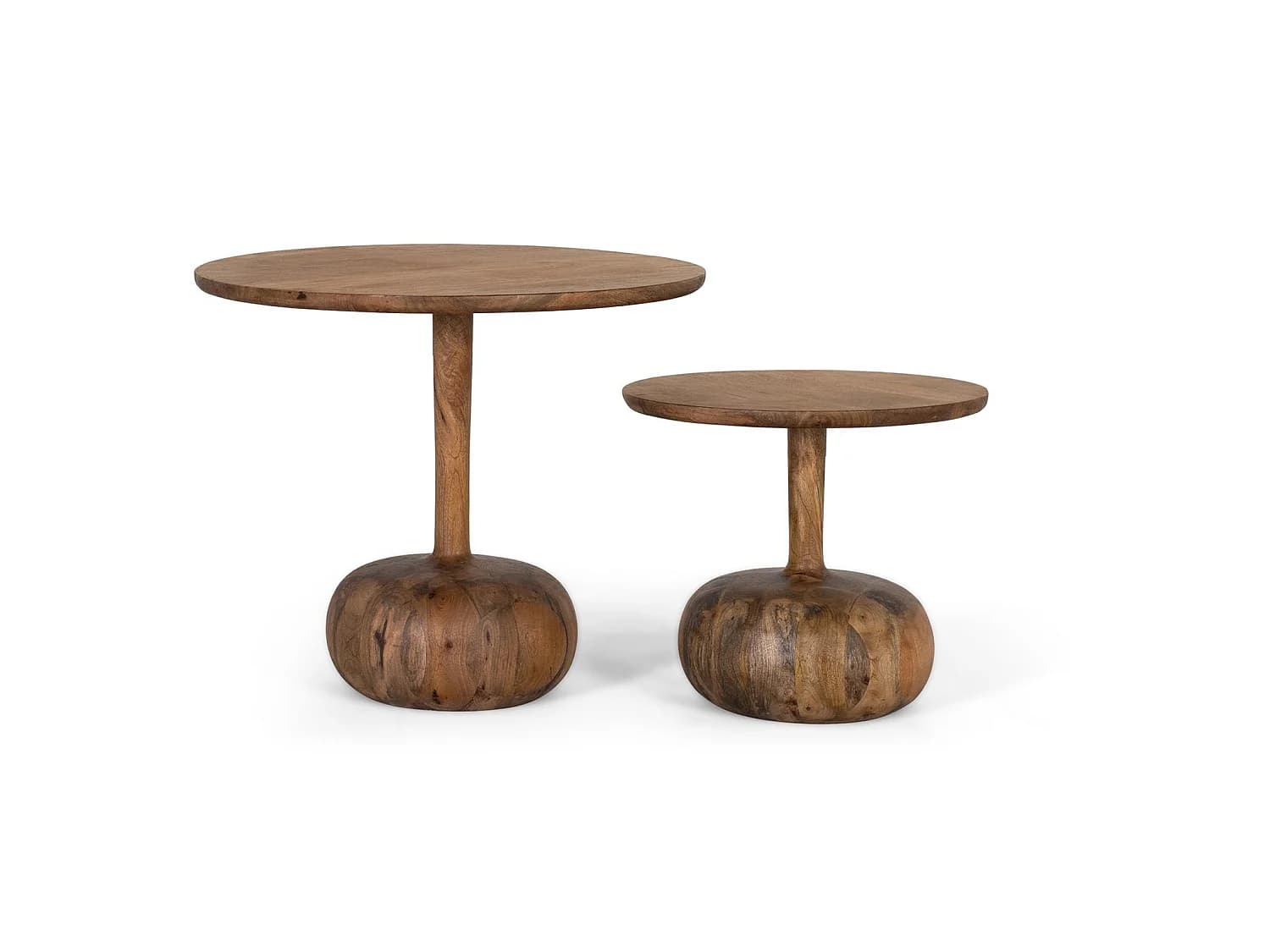 Tables basses Mindi en bois, grande (70 cm) et petite (50 cm), style rustique moderne - 60 x 70 x 70 cm