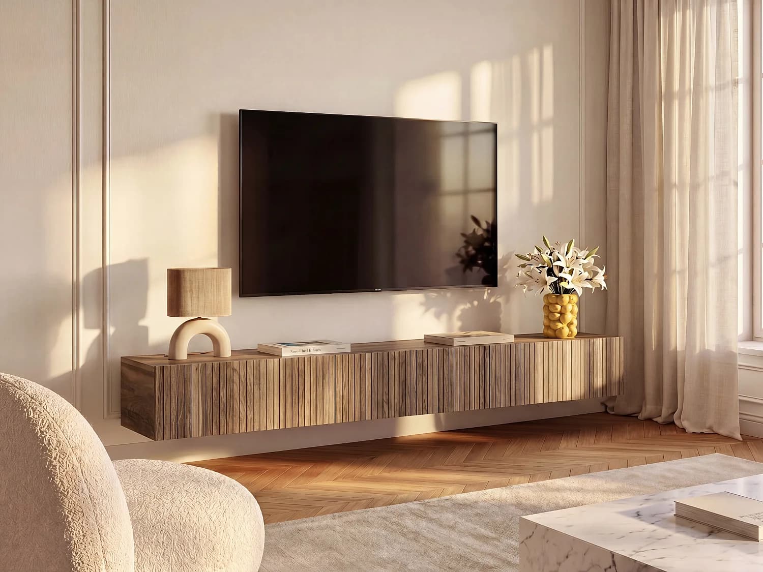 Meuble TV suspendu avec 3 portes - Naturel foncé - DANTAY
